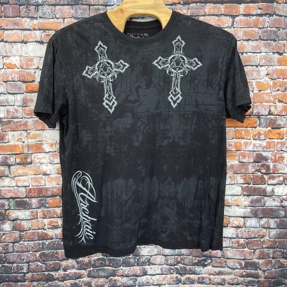 Archaic Mens 3XL Black Gothic Cross Wing Graphic T-Shirt Cotton Made in USA